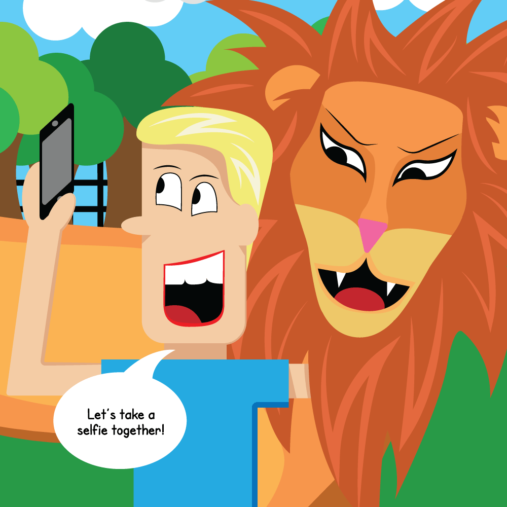 Boy stands besides the lion and says, 'Let's take a selfie together!